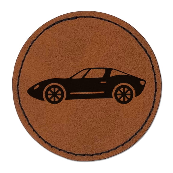 Fast Sports Car Vehicle 2.5" Faux Leather Round Engraved Iron-On Patch - Brown