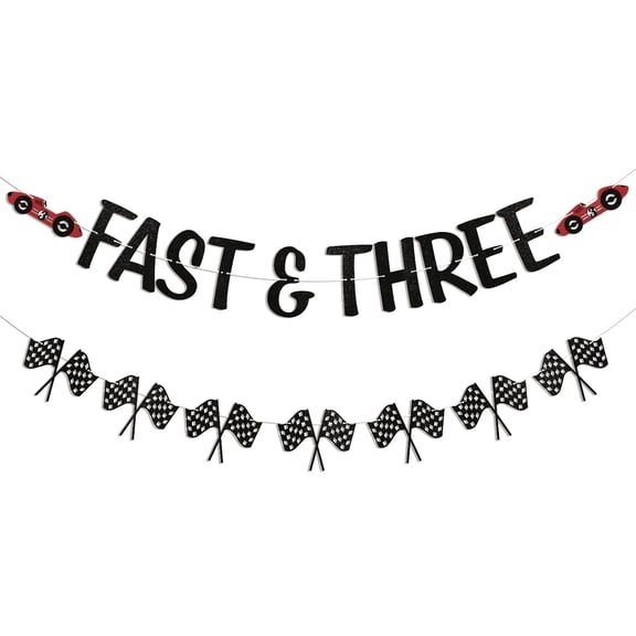 Fast & Three Banner - Fast Three Birthday Decoration Boys 3rd Bday, Race Car Themed 3rd Birthday Party Decorations Black Glitter