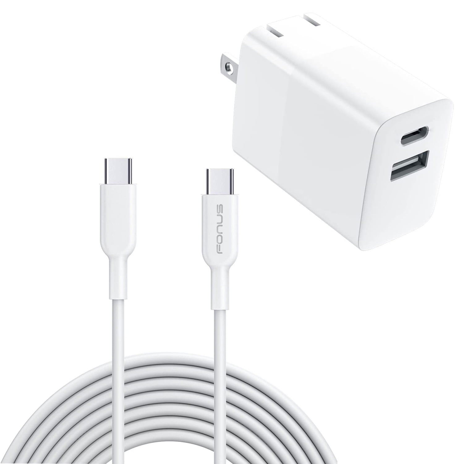 Fast Type-C 38W PD Home Charger for TCL 30XL, 30 XE 5G/V 5G - 6ft Long Cable USB-C Power Cord QC3.0 Adapter 2-Port
