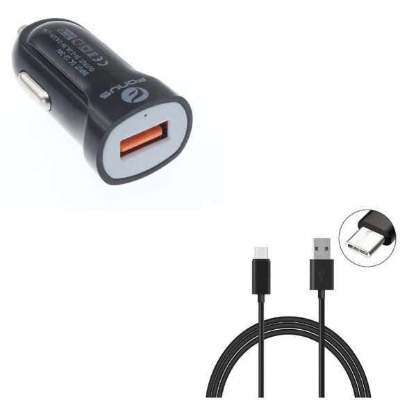 Fast USB Port 18W Car Charger w Charger Cord Type-C 10ft USB Cable V1W for Samsung Galaxy Note 10 Plus A9 A50 A20 A10e - Sonim XP8 XP3 - Sony Xperia XZs XZ3 XZ1 XA1 L1 - Xiaomi Mi Mix 2 9