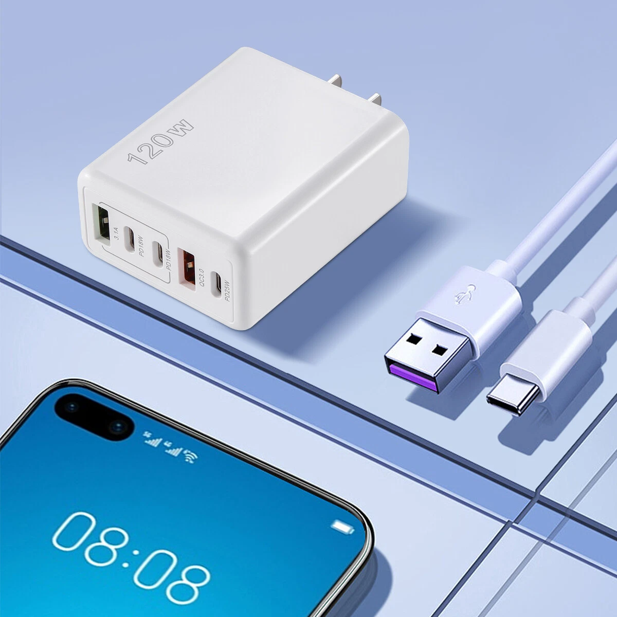 Fast Usb C Charging Station 120W 3Pd+2Usb Charger Block Multiport Hub Portable