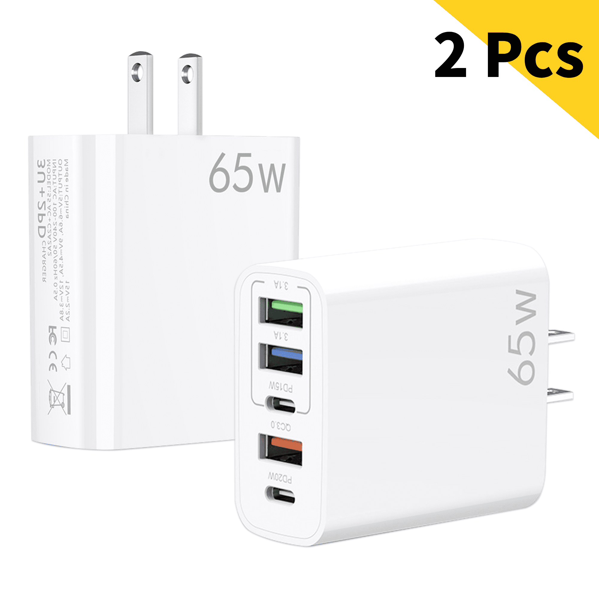 USB C Wall Charger,65W Fast Charger 2 Pcs,6 Port Power Travel Adapter,Suitable for Multi-model Mobile Phones,Tablets,Computers