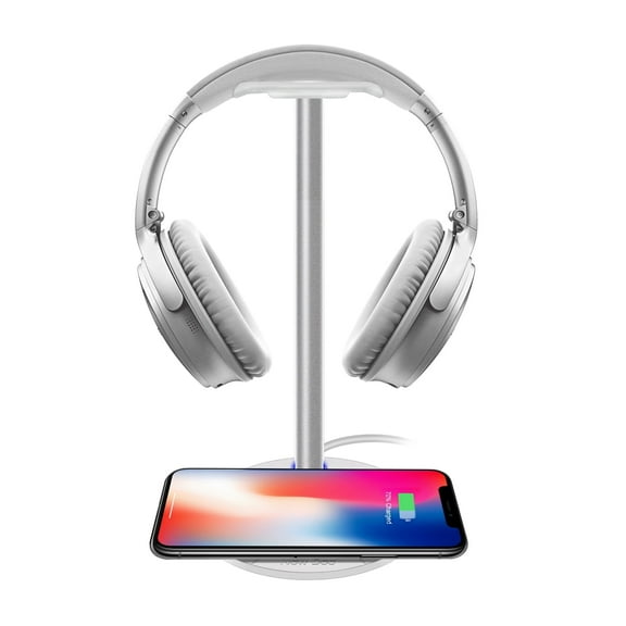 New bee 2-in-1 Headset Stand with Fast Wireless Charger,3 Charging Modes, Adjustable Aluminum Pole, TPU Cushion & Anti-Slip ABS Base,Fits All Headphones,White