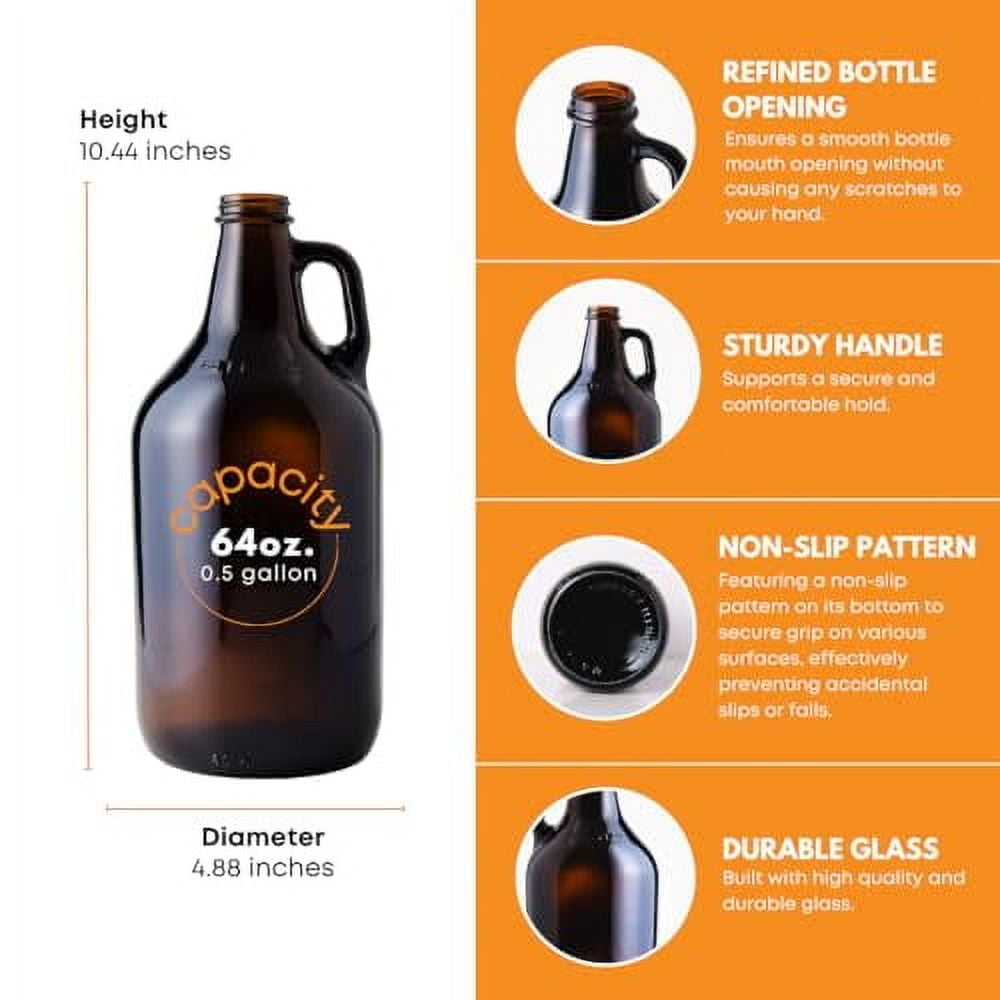 FastRack 64 Oz Glass Growler – Case Of 6 Half-Gallon Jugs With 18 Polyseal Caps | Great For Beer, Brewing & Storage