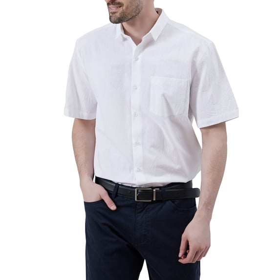 FastRockee Men's White Linen Shirts Short Sleeve for Mens Casual Lightweight Button Down Beach Shirts Summer Tops with Pocket XL