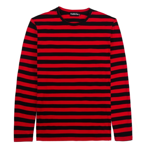 FastRockee Long Sleeve T Shirts for Mens Crew Neck Tshirts Size L Classic Red and Black Stripe Cotton Soft