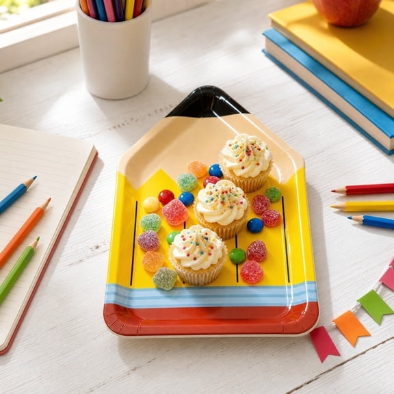 FastXmas 10 Pcs Pencil Shaped Paper Plates, 9.8 x 7 Inch Disposable Plates for Classroom, First Day of Classroom, Teacher Appreciation, Birthday, Graduation Classroom Party Supplies