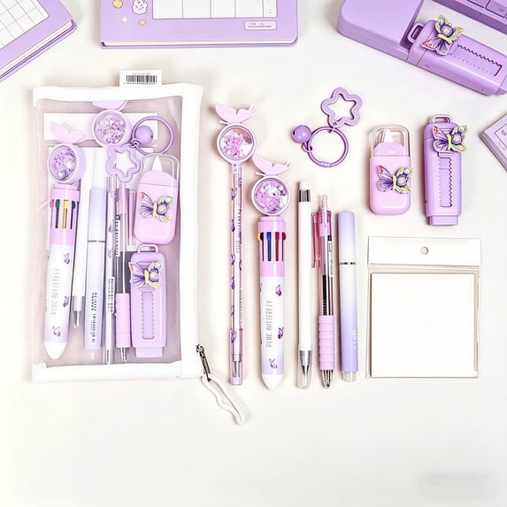 FastXmas 10 Pieces Stationery Set, Include Multi-color Pen, Highlighterpen, Correction Tape,Pen, Note, Eraser, Pencil Keychain and Pencil Case for Office Workspace Supplies(Purple)