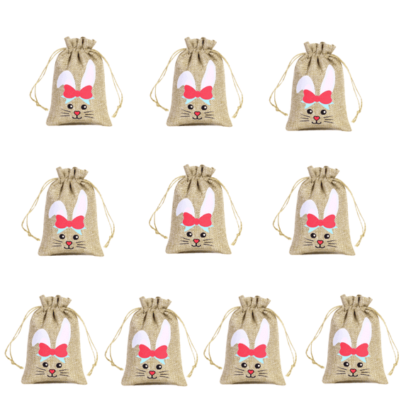 FastXmas 10PC Easter Cute Bunny Gift Bags with Drawstring Design, Spring Rabbit Pattern Fabric Gift Pouches Party Favors for Boys Girls Party Supplies Candy Treat Snacks (3.9*5.9 Inch)