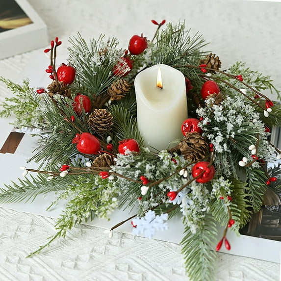 FastXmas 12.9 Inch Christmas Candle Rings Wreaths, Artificial Snowy Pine Needles Berries Garland, Christmas Wedding Home Table Centerpieces Decoration, for Home Cabinets,Windows,Table Door Decor