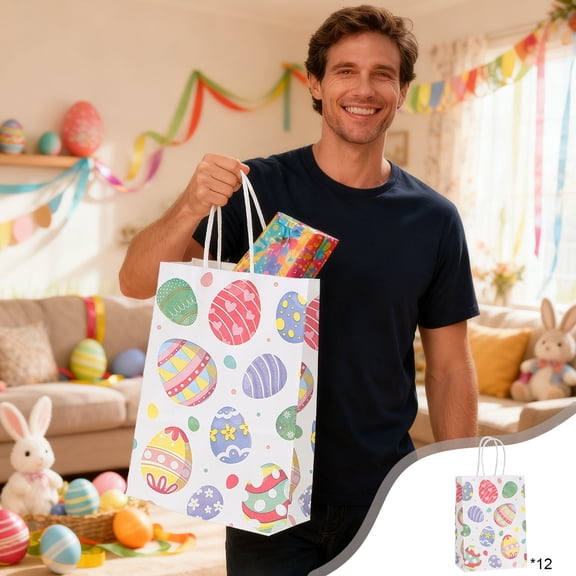 FastXmas 12Pcs Easter Papper Bags Decoration, Non-Woven Easter Baskets Gift Bags with Handle for Boys and Girls, Egg Hunt Game, Spring Party, Size 5.9 x 3 x 8.3 Inch