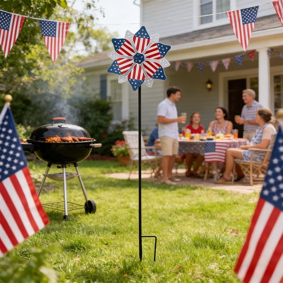FastXmas 13.5" Red White and Blue Patriotic Wind Spinner Star Design American Flag Spinner Outdoor Metal Garden Spinners for Yard, Lawn and Patio 250th Anniversary Decor(56*13.5 Inch)