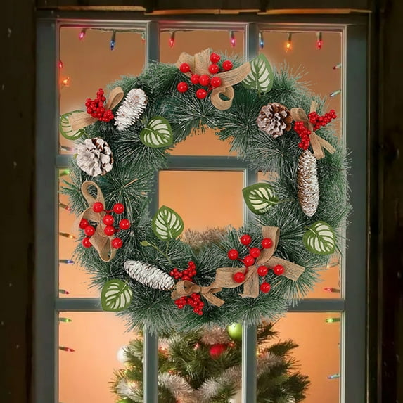 FastXmas 15.75 Inch Christmas Wreaths Decorations Red Flowers Pine-Needles and Pinecone Christmas Garland Hanging Ornaments Realistic Wreaths Decor for Door Winter Indoor Outdoor Christmas Party