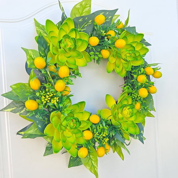 FastXmas 18" Artificial Lemon Wreath for Spring Summer Decor, Fruit Wreath with Yellow Lemon and Artificial Green Leaves for Front Door Window and Wall Hanging Decor
