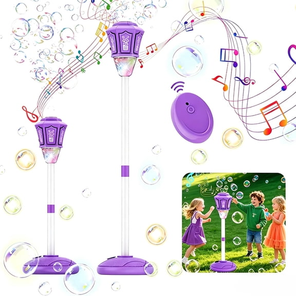 FastXmas 1PC Bubble Machine, Rechargeable Automatic Bubble Maker with Light Music, 3-Level Adjustable Heights, Detachable Bubble Wand for Outdoor Party Wedding(Purple)