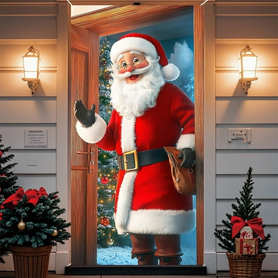 FastXmas 2.95 x 5.9 Ft Christmas Door Cover Christmas Hanging Banner Santa Claus Wreath Jingle Bell Door Curtain Xmas Pendant Cover Christmas Door Decor for House Wall Background Cloth Holiday Party