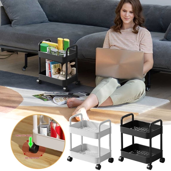 FastXmas 2-Tier Plastic Rolling Utility Cart with Handle, Multi-Functional Storage Trolley for Office, Living Room, Kitchen, Bathroom, Movable Storage Self Organizer with Wheels(15x9x15.7 In White)