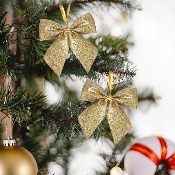 FastXmas 24 Pcs Giltter Ribbon Bows Christmas Tree Decorations, Christmas Tree Hanging Bow Ornaments for Xmas Gift Packaging Home Wreath Wedding Party Decor