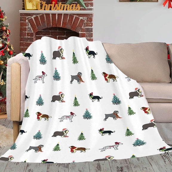 FastXmas 4.3 x 4.9 Ft Christmas Blanket Red Merry Christmas Winter Throw Blanket with Dog Print Double-sided Fuzzy Cosy and Soft Machine Washable Nap Blanket for Christmas Sofa Bedroom Living Room