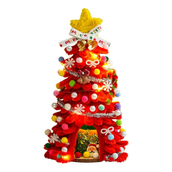 FastXmas 4.7 x 9.8 Inch DIY Tabletop Mini Christmas Tree with String Light Decor,Velvet Xmas Tree with 20 in String Light Desk Ornament with Gift Boxes,Santa for Home,Tabletop,Desk,Fireplace Decor