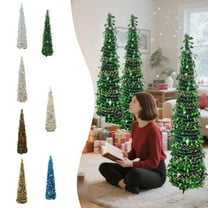 FastXmas 4.9FT Pop Up Christmas Tree with LED Lights and Tree Topper- Collapsible Artificial Tinsel Pencil Christmas Tree, Xmas Tree for Indoor Home Apartment Porch Holiday Party Decorations