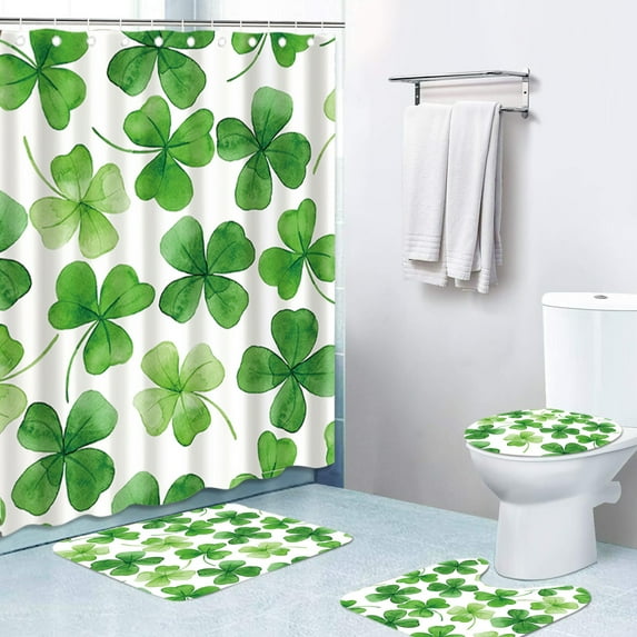 FastXmas 4 Pc St. Patrick's Day Holiday Decoration Toilet Set,Shamrock Spring Bathroom Set, Shower Curtain Toilet Seat and 2 Floor Mat for Bathroom ornament, Dry And Wet Separation Shower Curtain
