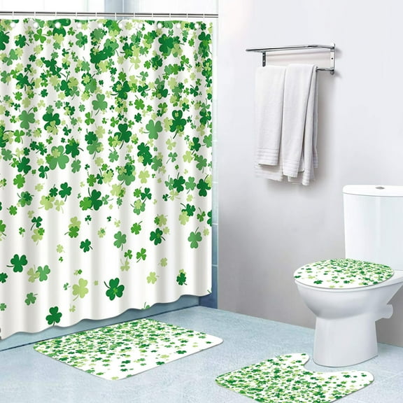 FastXmas 4 Pc St. Patrick's Day Holiday Decoration Toilet Set,Shamrock Spring Bathroom Set, Shower Curtain Toilet Seat and 2 Floor Mat for Bathroom ornament, Dry And Wet Separation Shower Curtain