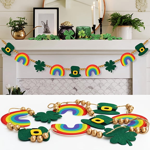 FastXmas 48 Inch St. Patrick's Day Flag Garlands - Rainbow and Hat Garland with Shamrock Clover Hanging Decoration for Ireland Themed Parade Party Decorations(1 Pc)