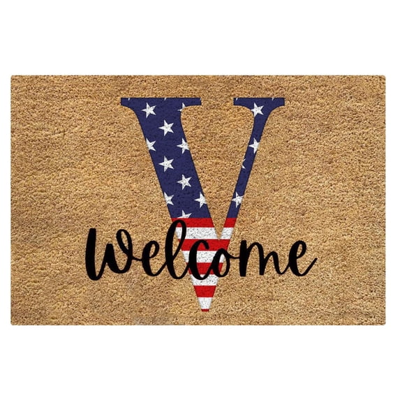 FastXmas 4th of July Welcome Doormat, 15.7"x23.6" Star & Stripes English Letters Patriotic Front Porch Rugs, Non-Slip Velvet Alphabet Entrance Door Mat Independence Day Decorations for Outdoor Indoor