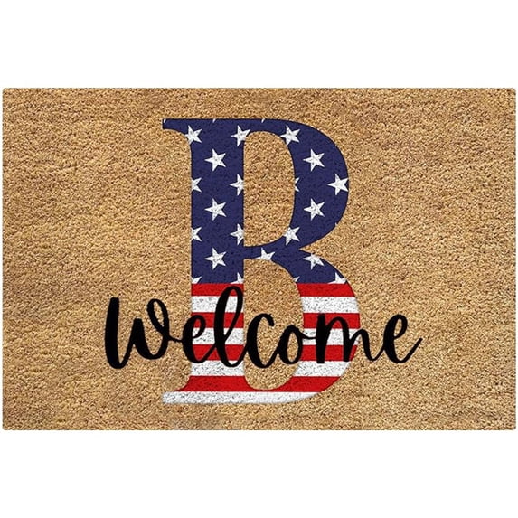 FastXmas 4th of July Welcome Doormat, 15.7"x23.6" Star & Stripes English Letters Patriotic Front Porch Rugs, Non-Slip Velvet Alphabet Entrance Door Mat Independence Day Decorations for Outdoor Indoor