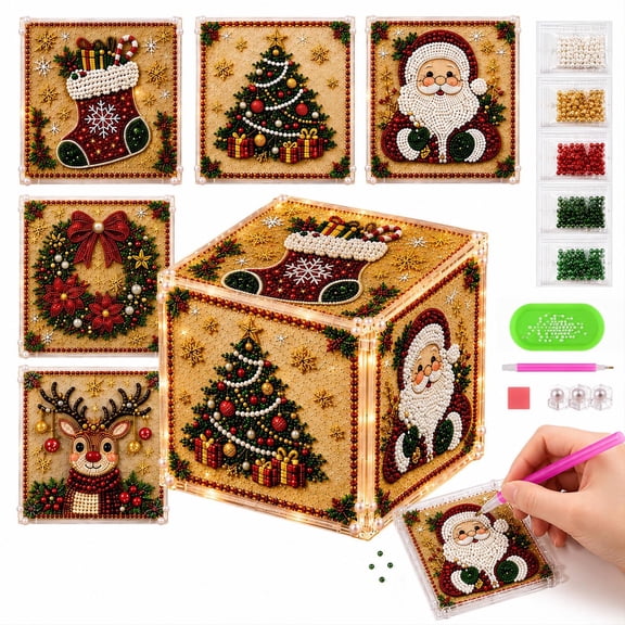 FastXmas 5D Diamond Art Painting Kit, DIY 5 Panels Acrylic Cube Diamond Art Lantern Christmas Painting with LED Light Box, Rhinestone Embroidery Arts and Crafts Holiday Gift for Adults & Kids