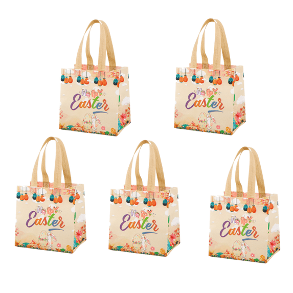 FastXmas 5PC Easter Gift Bags with Tonge,Spring Non Woven Handbag, 8*8 in Bunny Pattern Gift Bags, Reusable Non Woven Shopping Gift Bag for Shopping Gift Warpping