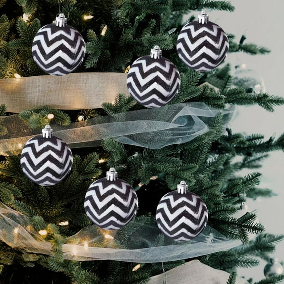 FastXmas 6 Pcs Christmas Balls Ornaments for Xmas Tree, 2.36" Black and White Glitter Decorative Balls Pendants with Exquisite Pattern, Shatterproof Christmas Tree Hanging Baubles Sphere for Party