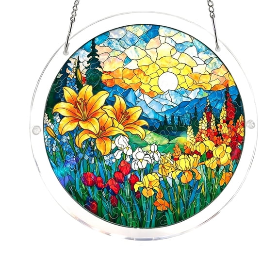 FastXmas Acrylic Puzzles Window Hanging Decor, 7.4 Inch Sun Catcher Pendant Ornament with Different Flowers Pattern Puzzles for Home Tree Patio Decor Gift for Mom Mother Men Friends