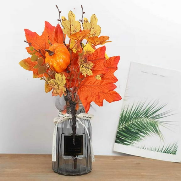 FastXmas Artificial Maple Leaves Branches, 10" Realistic Silk Maple Leaves Bouquet with Pumpkin, No Fade Faux Autumn Leaves Shrubs Farmhouse Table Centerpieces Fall Decoration for Thanksgiving Harvest
