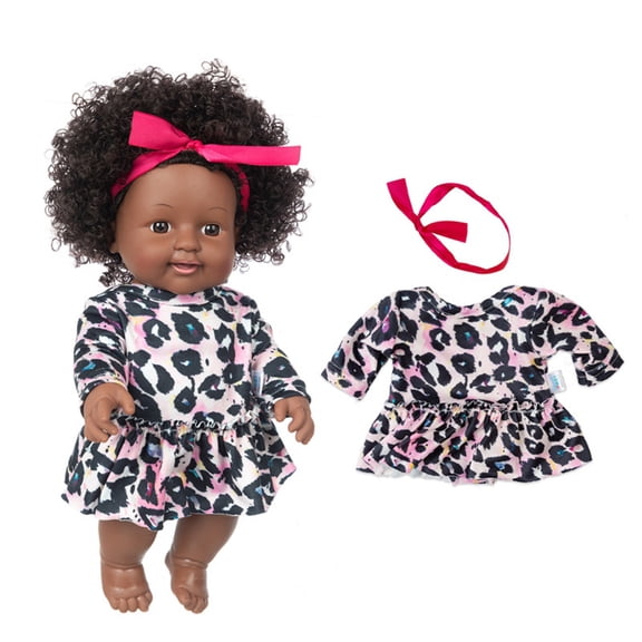 FastXmas Black Baby Doll for Girl, Simulation African American Black Doll with Dress, Reborn Realistic Baby Doll for Kids Aged 1 2 3 4 5, Small Silicone Black Doll Toy with Curly Hair for Birthday