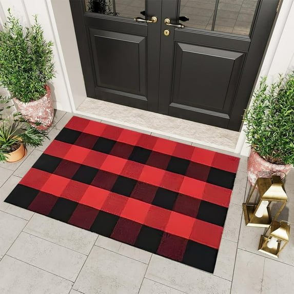 FastXmas Buffalo Plaid Outdoor Rug, Fall Decorations for Home, 15.7"x23.6" Red & Black Checkered Cotton Hand-Woven Front Door Mat, Non-Slip Decorative Layered Doormats Halloween Carpet for Porch