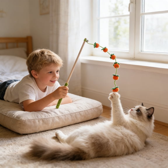 FastXmas Cats Wand Toy with Bell, Long Handle Teaser With Boll Interactive Cats Exercise Toy For Indoor Outdoor Cats Lasting Scratch Counteractive Cats Toys(18.5 Inch,Green)