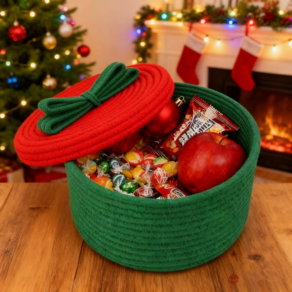 FastXmas Christmas Basket with Lid,10.2 x 8.7 Inch Woven Cotton Rope Christmas Gift Basket with Lid, Knit Chrismas Theme Gift Box,Christmas Toys Baskets for Towels, Diapers, Pet Toy Storage Basket