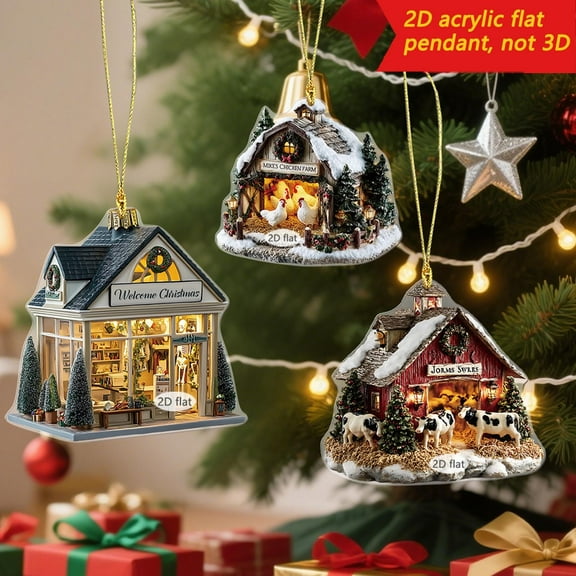FastXmas Christmas Cartoon Warm Cabin Decorative Hanging Ornaments,3.14 x 3 Inch/8 x 7.7 cm Cute Cartoon 2D Acrylic Warm Cottage Pendants Christmas Tree Decorations for Car Home School Bag Pendant
