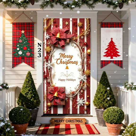 FastXmas Christmas Door Cover Decorations,35 x 72" Front Door Cover Pendant Ornaments, Removable Christmas Style Door Covers Decoration for Indoor Outdoor Home Farmhouse Enhance Holiday Atmosphere