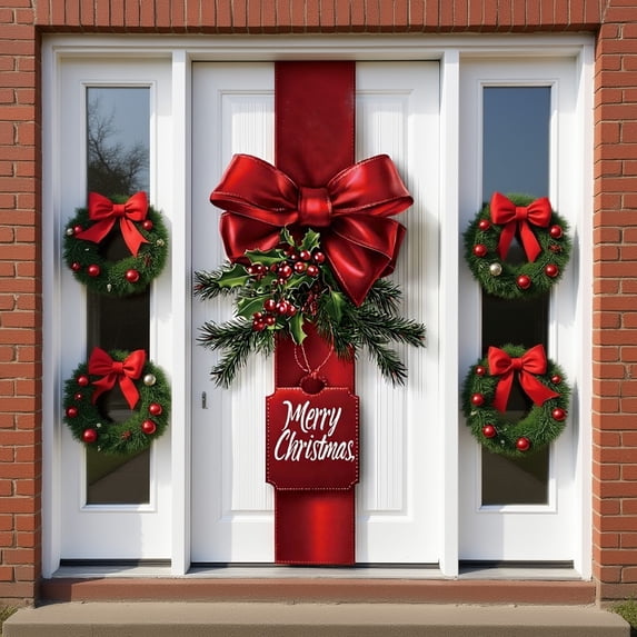 FastXmas Christmas Door Cover Decorations 71 x 35 Inch Front Door Backdrop Banner Merry Christmas Hanging Cover Xmas Snowflake Gift Box Bow Knot Photo Background Pendant Decor for House Party Wall