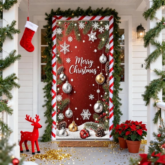 FastXmas Christmas Door Cover Decorations 71 x 35 Inch Front Door Backdrop Banner Merry Christmas Hanging Cover Xmas Snowflake Gift Box Bow Knot Photo Background Pendant Decor for House Party Wall