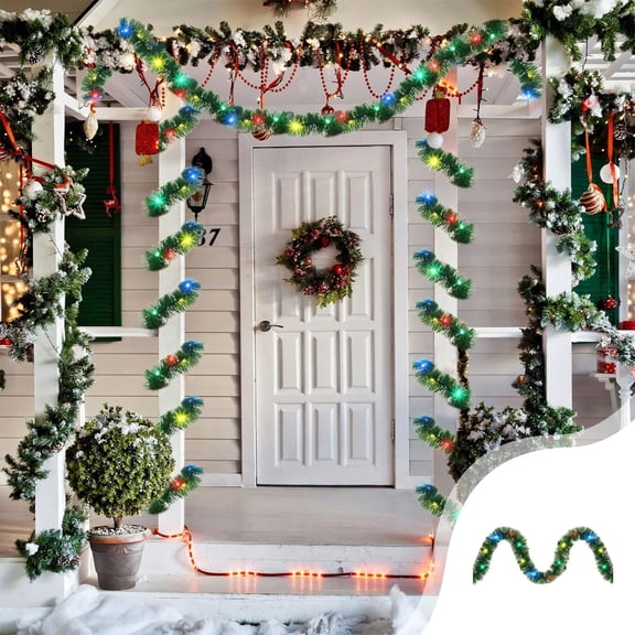 FastXmas Christmas Encrypted Garland Decoration 16.4Ft Garland and String LED Light Christmas Tree Ornament Green Red Gold Xmas Wreath with String Light Xmas Decor for Fireplace Xmas Tree Fireplace