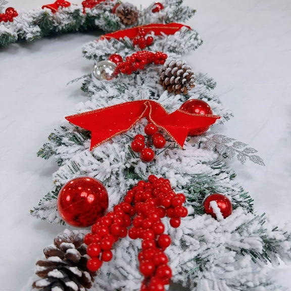 FastXmas Christmas Extra Large Flocked Garland, Artificial Snowy Xmas Garland, Indoor Outdoor Winter Garland with Pine Cones and Red Berries for Christmas Fireplace Birthday Party Home Decor(59In)