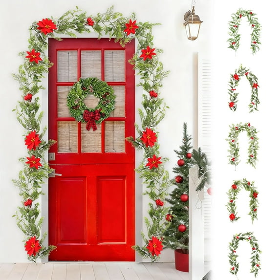 FastXmas Christmas Garland Berry Poinsettias Flowers Garlands 5.97ft Artificial Floral Holly Vines Christmas Greenery Poinsettias Rattan Indoor Outdoor Home Garden Door Window Holiday New Year Decor