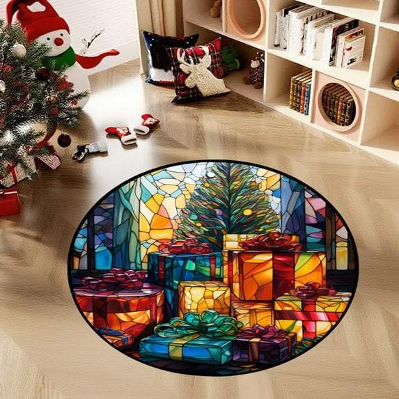 FastXmas Christmas Round Bathroom Shower Rug Washable Circle Bath Mat Non Slip Absorbent Bathtub Rug Front Door Mat Xmas Winter Decor Carpet for Entrance Kitchen Bedroom