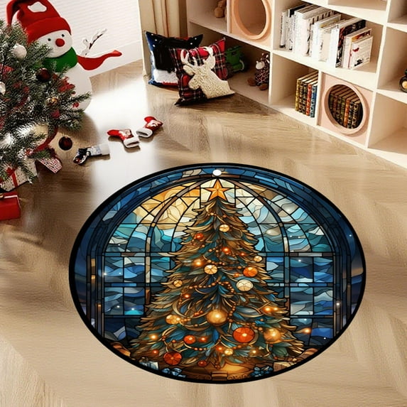 FastXmas Christmas Round Bathroom Shower Rug Washable Circle Bath Mat Non Slip Absorbent Bathtub Rug Front Door Mat Xmas Winter Decor Carpet for Entrance Kitchen Bedroom
