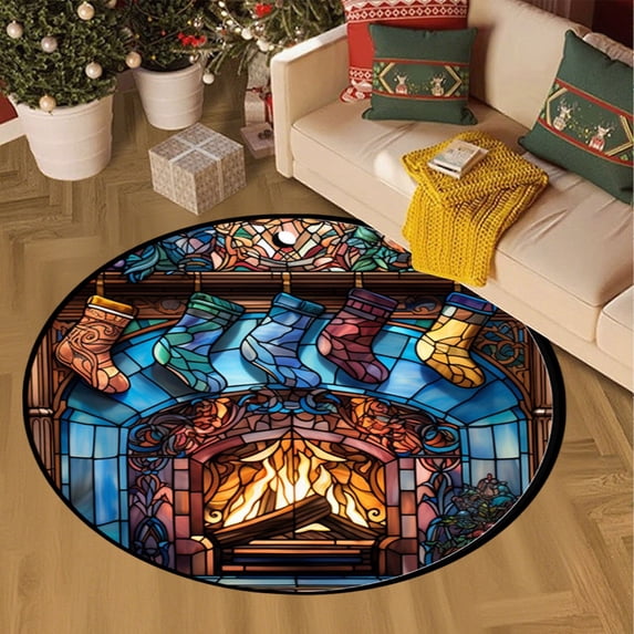 FastXmas Christmas Round Bathroom Shower Rug Washable Circle Bath Mat Non Slip Absorbent Bathtub Rug Front Door Mat Xmas Winter Decor Carpet for Entrance Kitchen Bedroom
