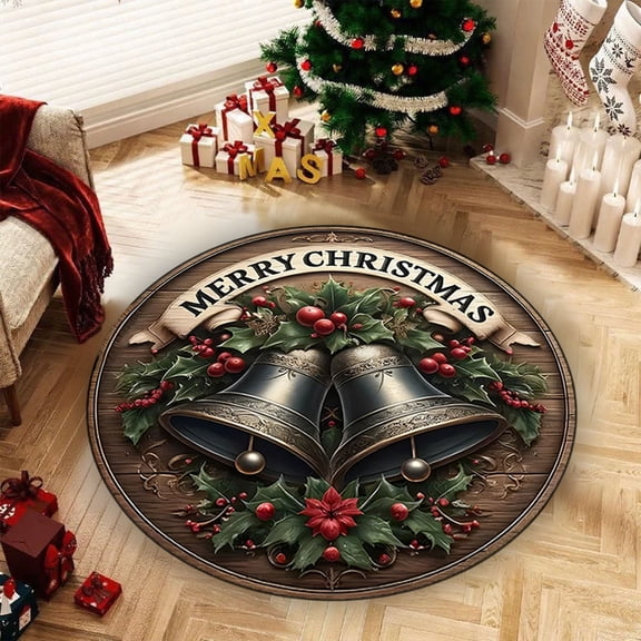 FastXmas Christmas Round Bathroom Shower Rug Washable Circle Bath Mat Non Slip Absorbent Bathtub Rug Front Door Mat Xmas Winter Decor Carpet for Entrance Kitchen Bedroom